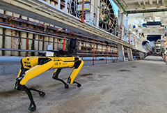 현대건설의 인공지능 안전 로봇 ‘스팟’이 터널 공사현장에 투입돼 TBM 장비를 모니터링하고 있는 모습.