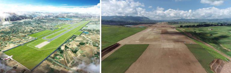 Aerial view of the new airport in Chinchero, Peru (left) and the actual construction site (right)