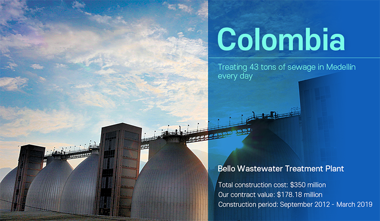 Colombia Treating 43 tons of sewage in Medellín every day Bello Wastewater Treatment Plant Total construction cost: $350 million Our contract value: $178.18 million Construction period: September 2012 - March 2019