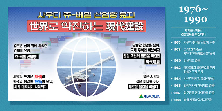 1976~1990 세계를 무대로 건설영토를 확장하다 • 1976 사우디 주베일 산업항수주  •1978 고리1호기 준공 사우디 리야드 변전소 설치공사 • 1980 성산대교 준공 • 1982 카타르도하쉐라톤호텔준공 잠실야구장 준공 넓은 사막과 깊은 바다를 이어 • 1984 서산간척사업 유조선공법 새로운 물결을 이끌다! • 1985 말레이시아 페낭대교 준공 • 1987 압구정동 현대아파트 준공 • 1988 남극세종과학기지 준공 사우디 쥬-베일 산업항 完工! 世界로 약진하는現代建設 걸프만 심해 위에 자리한 경제의 요람, 쥬베일 산업항! 사막의 뜨거운 여정과 한국의 냉철한 技術 만나 세계 대역사가 시작되다 단순한 항만을 넘어, 국제 무역의 허브이자 산업 혁신의 발판을 마련한 現代建設 넓은 사막과 깊은 바다를 이어 새로운 물결을 이끌다! 現代建設