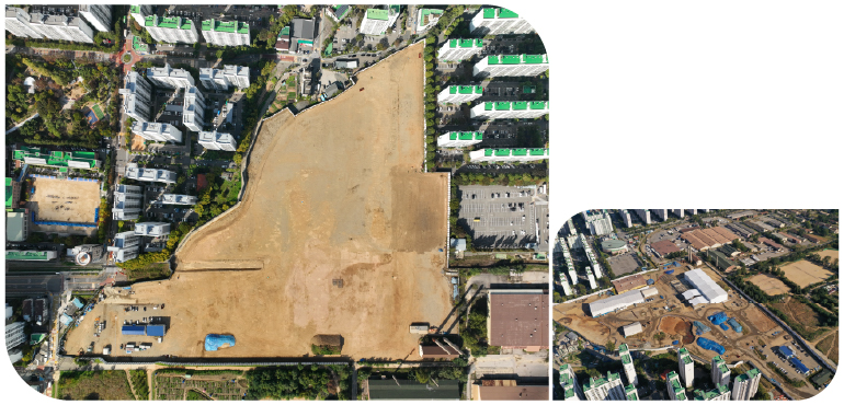 (왼쪽) 정화 작업을 마친 ‘캠프마켓 복합오염토양정화 공사’ 현장 전경, (오른쪽) 공사가 한창 진행 중인 2021년 현장의 모습