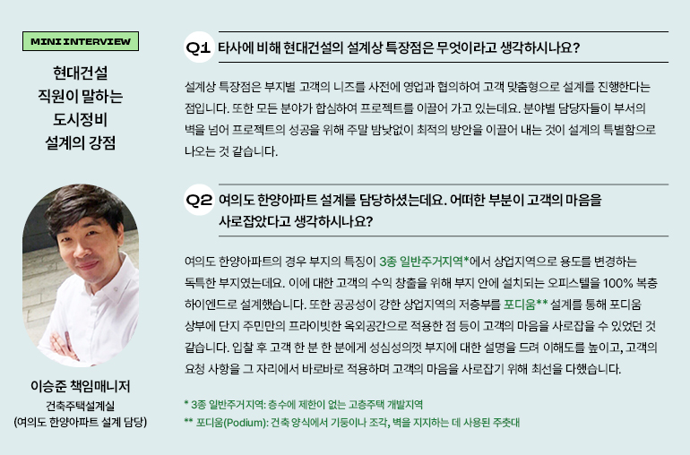 MINI INTERVIEW 현대건설 직원이 말하는 도시정비 설계의 강점 Q1 타사에 비해 현대건설의 설계상 특장점은 무엇이라고 생각하시나요? 설계상 특장점은 부지별 고객의 니즈를 사전에 영업과 협의하여 고객 맞춤형으로 설계를 진행한다는 점입니다. 또한 모든 분야가 합심하여 프로젝트를 이끌어 가고 있는데요. 분야별 담당자들이 부서의 벽을 넘어 프로젝트의 성공을 위해 주말 밤낮없이 최적의 방안을 이끌어 내는 것이 설계의 특별함으로 나오는 것 같습니다. 이승준 책임매니저 Q2 여의도 한양아파트 설계를 담당하셨는데요. 어떠한 부분이 고객의 마음을 사로잡았다고 생각하시나요? 여의도 한양아파트의 경우 부지의 특징이 3종 일반주거지역 *에서 상업지역으로 용도를 변경하는 독특한 부지였는데요. 이에 대한 고객의 수익 창출을 위해 부지 안에 설치되는 오피스텔을 100% 복층 하이엔드로 설계했습니다. 또한 공공성이 강한 상업지역의 저층부를 포디움** 설계를 통해 포디움 상부에 단지 주민만의 프라이빗한 옥외공간으로 적용한 점 등이 고객의 마음을 사로잡을 수 있었던 것 같습니다. 입찰 후 고객 한 분 한 분에게 성심성의껏 부지에 대한 설명을 드려 이해도를 높이고, 고객의 요청사항을 그 자리에서 바로바로 적용하며 고객의 마음을 사로잡기 위해 최선을 다했습니다. 3종 일반주거지역: 층수에 제한이 없는 고층주택 개발지역 건축주택설계실 (여의도 한양아파트 설계 담당) **