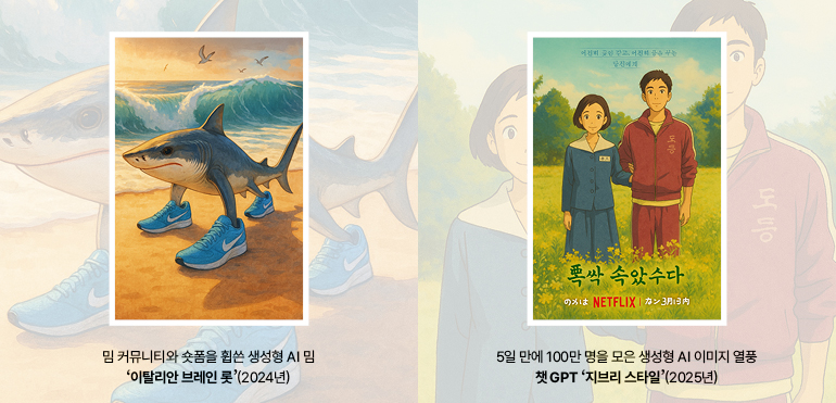  밈 커뮤니티와 숏폼을 휩쓴 생성형 AI 밈  이탈리안 브레인 롯(2024년)  5일 만에 100만 명을 모은 생성형 AI 이미지 열풍  챗 GPT 지브리 스타일(2025년)