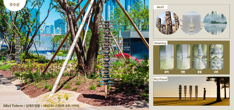 우수상 Mist Totem (NNGG+J_권정륜, 송휘, 이재호 작가) 우수상 Mist Totem (NNGG+J_권정륜, 송휘, 이재호 작가) 입체조형물 motif meaning 경계 전환 융합 조화 key visual