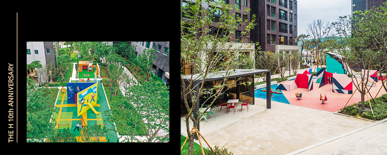 디에이치 자이 개포에 설치된 동화작가 앤서니 브라운의 놀이터(왼쪽), 디에이치 아너힐즈에서 만나볼 수 있는 신타 탄트라의 Tasted Flight(오른쪽) 