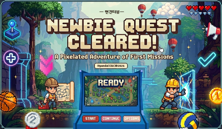 Newbie quest cleared! A pixelated adventure of first missions Hyundai E&C @2026 Readt start continue options