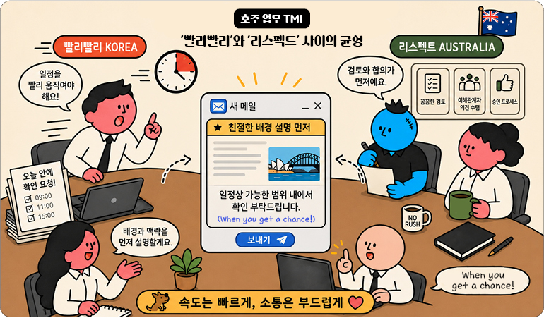호주 업무 TMI 빨리빨리와 리스펙트 사이의 균형 빨리빨리 KOREA  ⦁일정을 빨리 움직여야 해요! ⦁오늘 안에 확인 요청! (09:00, 11:00, 15:00) ⦁배경과 맥락을 먼저 설명할게요. 새 메일 창:  ⦁★ 친절한 배경 설명 먼저 ⦁일정상 가능한 범위 내에서 확인 부탁드립니다. (when you get a chance!) ⦁보내기 리스펙트 AUSTRALIA  ⦁검토와 합의가 먼저예요. ⦁꼼꼼한 검토 / 이해관계자 의견 수렴 / 승인 프로세스 ⦁NO RUSH ⦁when you get a chance! 속도는 빠르게, 소통은 부드럽게 ♡