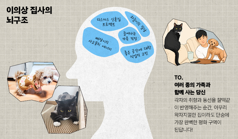 이의상 집사의 뇌구조 TO. 여러 종의 가족과함께 사는 당신 각자의 취향과 동선을 찰떡같이 반영해주는 순간, 아무리 왁자지껄한 집이라도 단숨에 가장 완벽한 평화 구역이 된답니다!   이의상 집사의 뇌구조 하늘이의 밀당 빠당이의 사고뭉치 에너지 디스커스 신혼집 프로젝트 좋은 공간에 대한 직업적 고민 늘어나는 가족 걱정